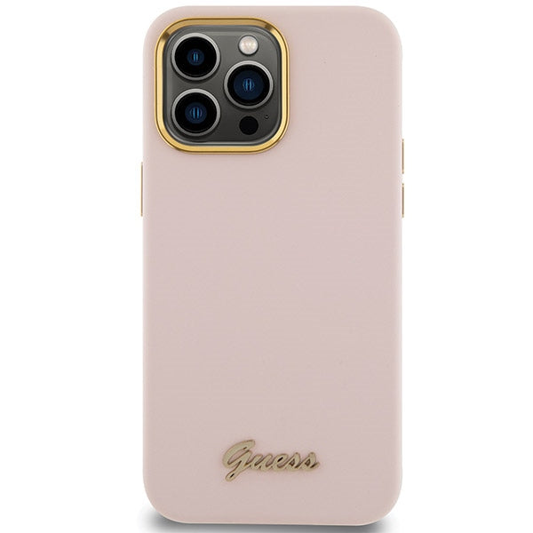 Guess Silicone Script Metal Logo &amp; Frame case for iPhone 15 Pro Max - pink