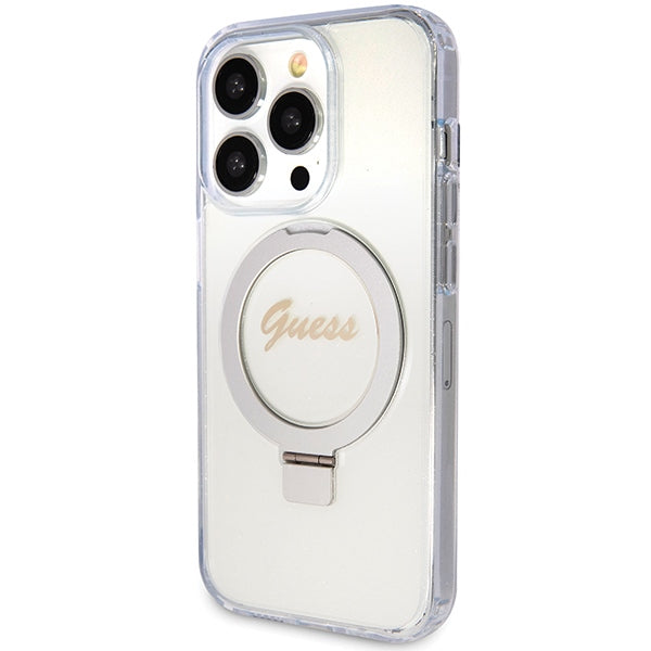 Guess Ring Stand Script Glitter MagSafe case for iPhone 15 Pro - transparent