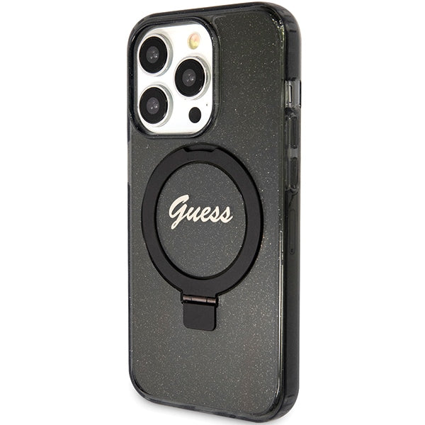 Guess Ring Stand Script Glitter MagSafe case for iPhone 15 Pro - black