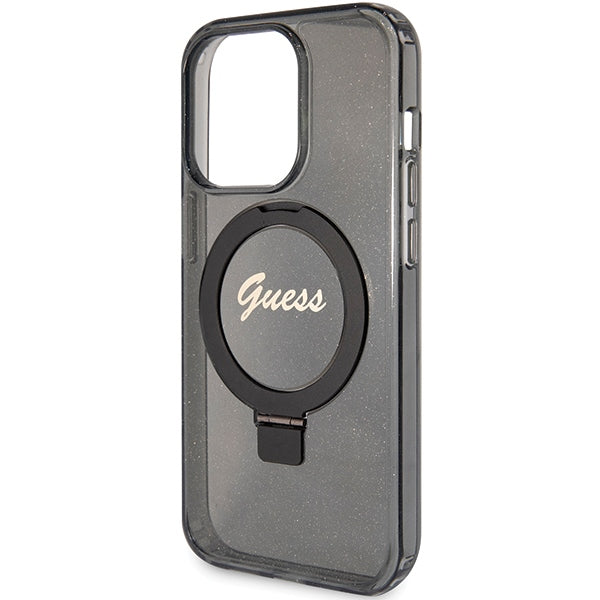 Guess Ring Stand Script Glitter MagSafe case for iPhone 15 Pro - black