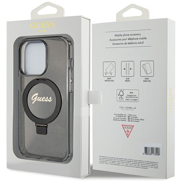 Guess Ring Stand Script Glitter MagSafe case for iPhone 15 Pro - black