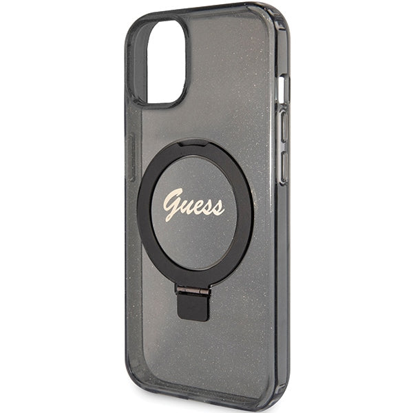 Guess Ring Stand Script Glitter MagSafe Case for iPhone 15 Plus / 14 Plus - Black