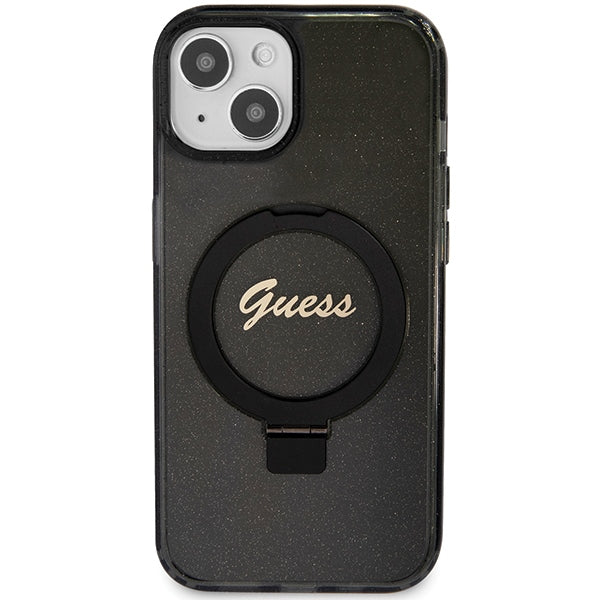 Guess Ring Stand Script Glitter MagSafe Case for iPhone 15 Plus / 14 Plus - Black