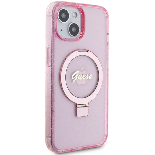 Guess Ring Stand Script Glitter MagSafe case for iPhone 15 Plus / 14 Plus - pink