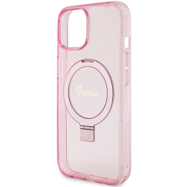 Guess Ring Stand Script Glitter MagSafe case for iPhone 15 Plus / 14 Plus - pink