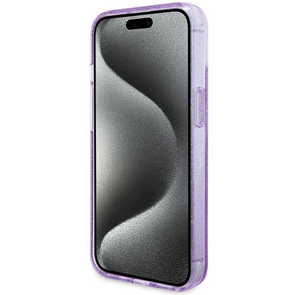 Guess Ring Stand Script Glitter MagSafe case for iPhone 15 Plus / 14 Plus - purple