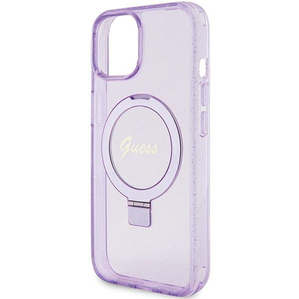 Guess Ring Stand Script Glitter MagSafe case for iPhone 15 Plus / 14 Plus - purple