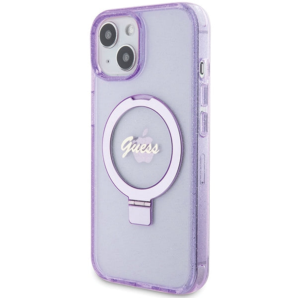 Guess Ring Stand Script Glitter MagSafe case for iPhone 15 Plus / 14 Plus - purple