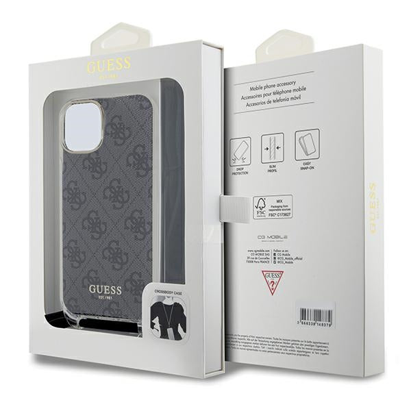 Guess Crossbody Cord 4G Print Case for iPhone 15/14/13 - Black