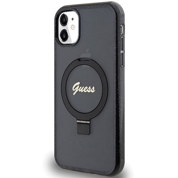 Guess Ring Stand Script Glitter MagSafe case for iPhone 11 / Xr - black