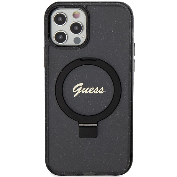 Guess Ring Stand Script Glitter MagSafe case for iPhone 12/12 Pro - black