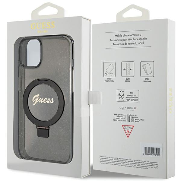Guess Ring Stand Script Glitter MagSafe case for iPhone 13 / 14 / 15 - black