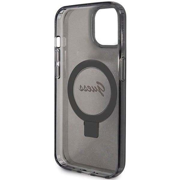 Guess Ring Stand Script Glitter MagSafe case for iPhone 13 / 14 / 15 - black