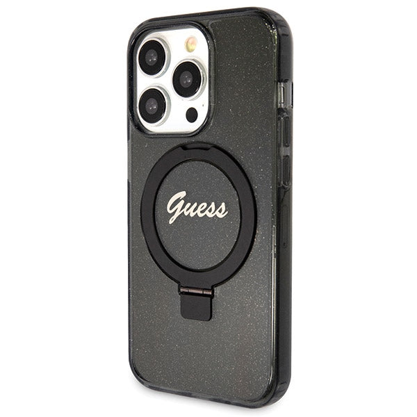 Guess Ring Stand Script Glitter MagSafe case for iPhone 13 Pro Max - black