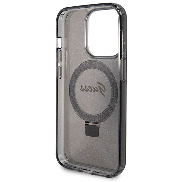 Guess Ring Stand Script Glitter MagSafe case for iPhone 13 Pro Max - black