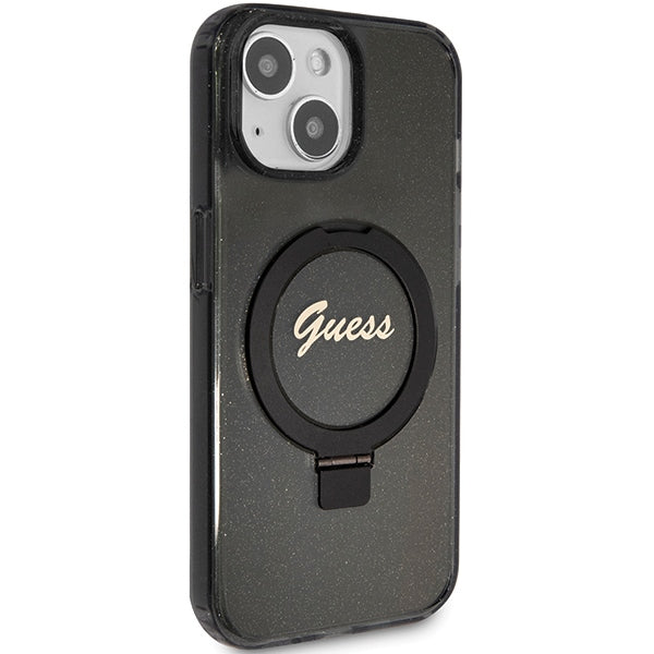 Guess Ring Stand Script Glitter MagSafe case for iPhone 14 / 15 / 13 - black
