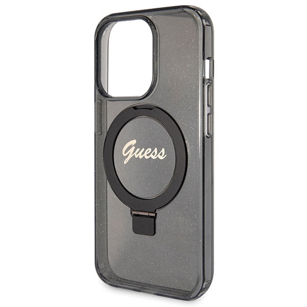 Guess Ring Stand Script Glitter MagSafe case for iPhone 14 Pro Max - black