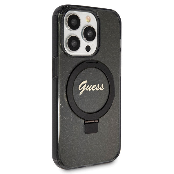 Guess Ring Stand Script Glitter MagSafe case for iPhone 14 Pro Max - black