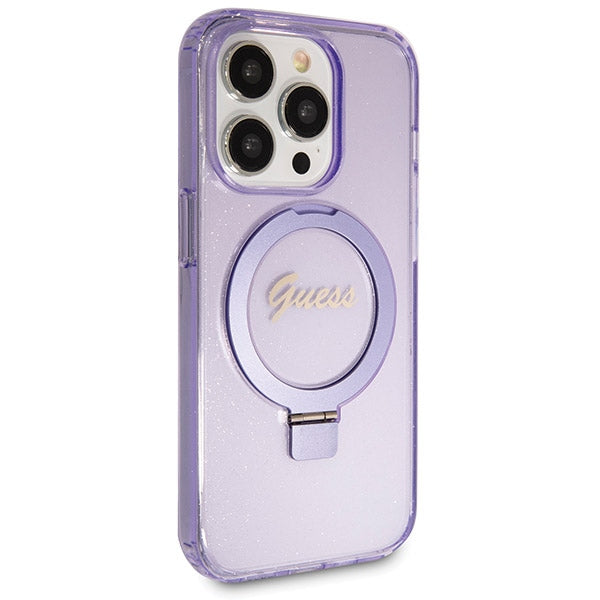 Guess Ring Stand Script Glitter MagSafe case for iPhone 13 Pro / 13 - purple