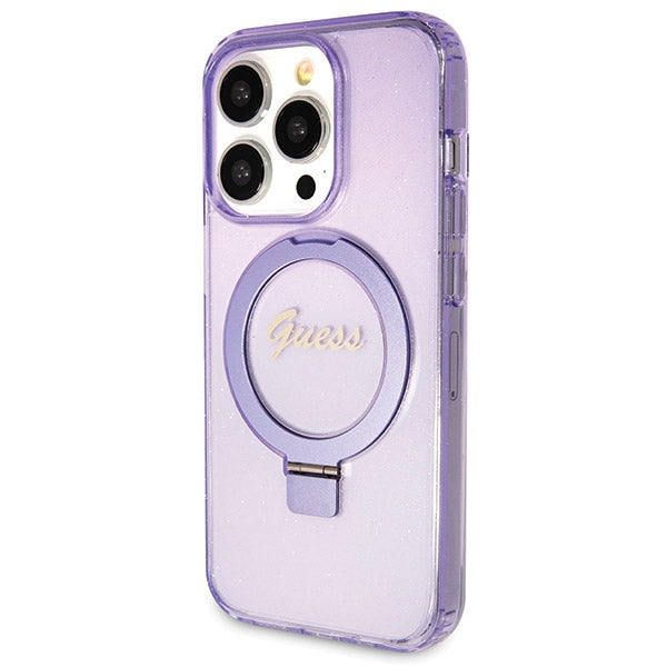 Guess Ring Stand Script Glitter MagSafe case for iPhone 14 Pro - purple