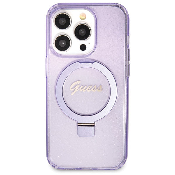 Guess Ring Stand Script Glitter MagSafe case for iPhone 14 Pro - purple