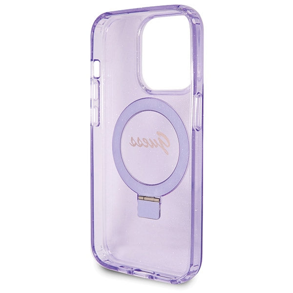 Guess Ring Stand Script Glitter MagSafe case for iPhone 14 Pro - purple