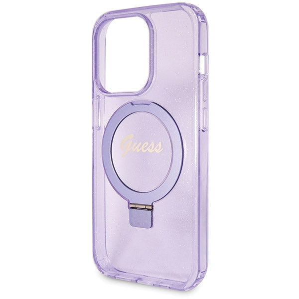Guess Ring Stand Script Glitter MagSafe case for iPhone 14 Pro - purple