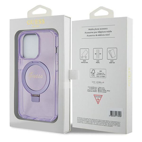 Guess Ring Stand Script Glitter MagSafe case for iPhone 14 Pro - purple