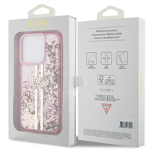 Guess Liquid Glitter Gold Stripes case for iPhone 15 Pro - pink