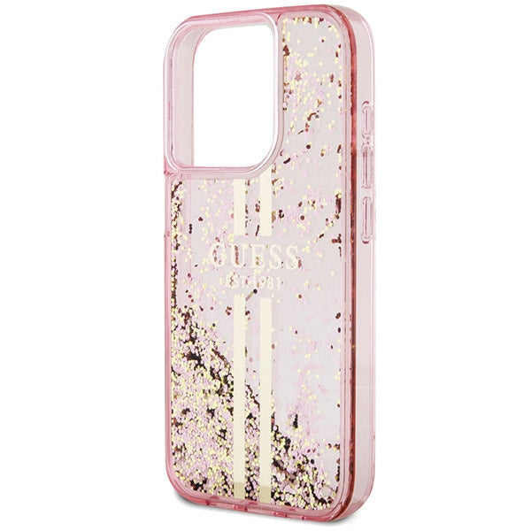 Guess Liquid Glitter Gold Stripes case for iPhone 15 Pro - pink