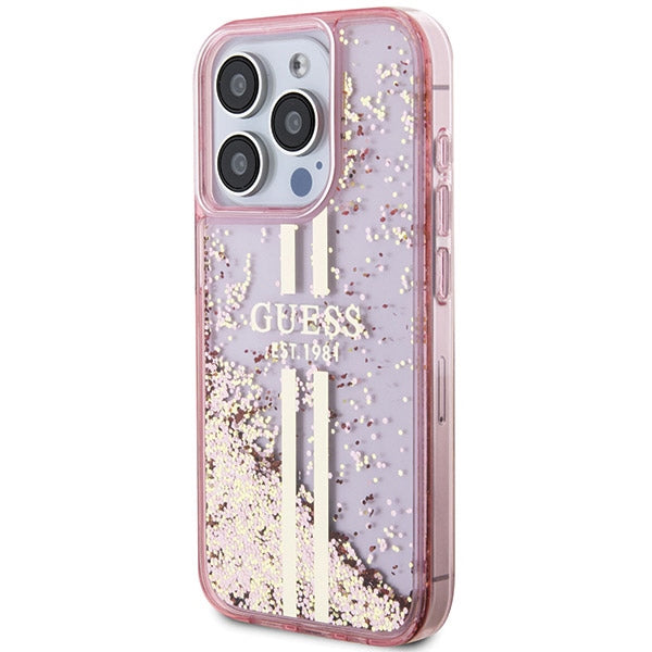 Guess Liquid Glitter Gold Stripes case for iPhone 15 Pro - pink