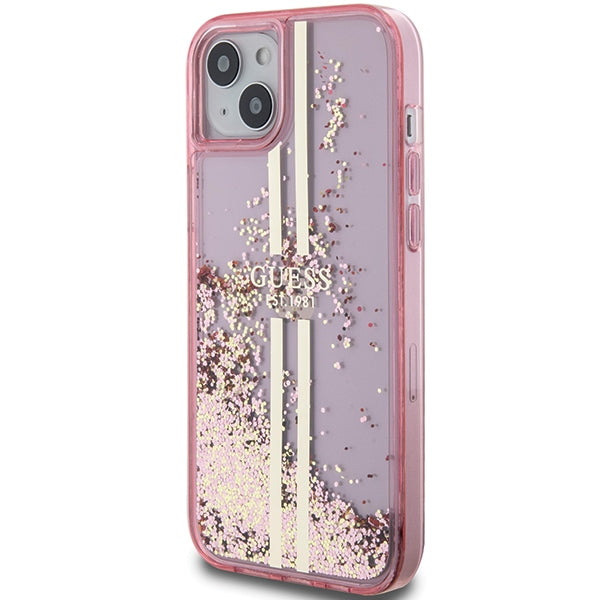 Guess Liquid Glitter Gold Stripes case for iPhone 15 Plus / 14 Plus - pink