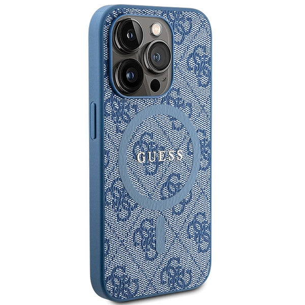Guess 4G Collection Leather Metal Logo MagSafe Case for iPhone 14 Pro - Blue