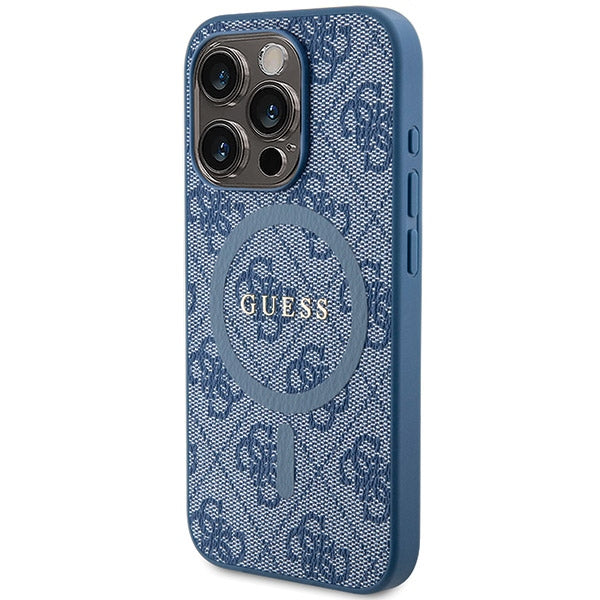 Guess 4G Collection Leather Metal Logo MagSafe Case for iPhone 14 Pro - Blue