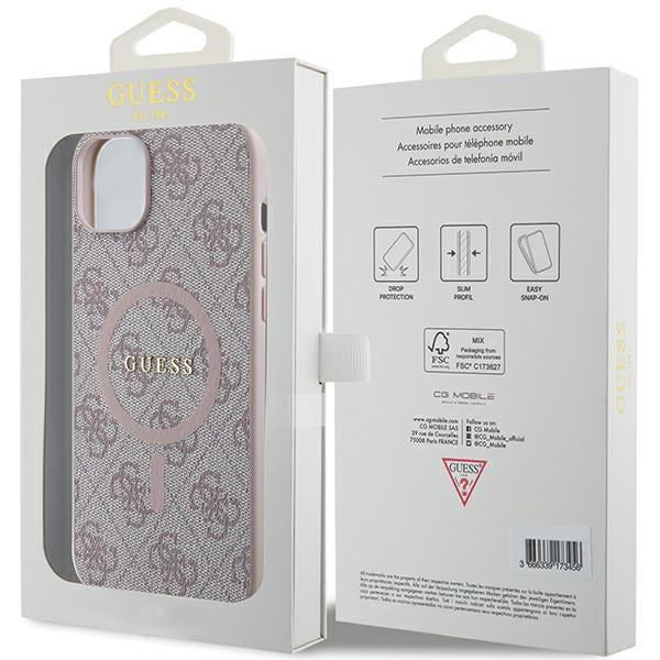 Guess 4G Collection Leather Metal Logo MagSafe Case for iPhone 15/14/13 - Pink