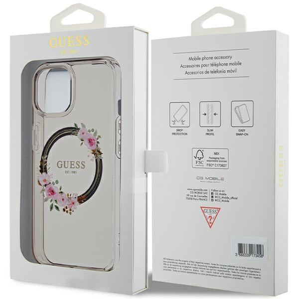 Guess IML Flowers Wreath MagSafe case for iPhone 15 / 14 / 13 - black