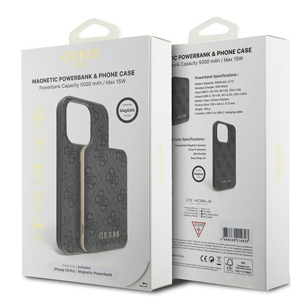 Guess 4G Metal Logo case set for iPhone 14 Pro + 5000mAh MagSafe power bank - black
