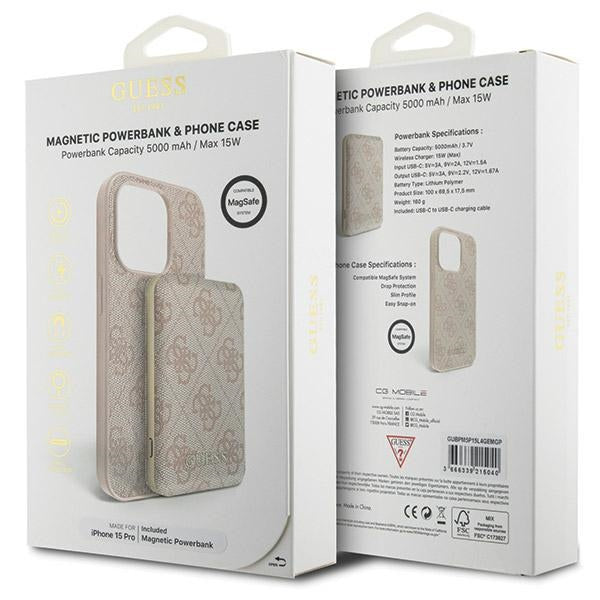 Guess 4G Metal Logo case set for iPhone 15 Pro + 5000mAh MagSafe power bank - pink