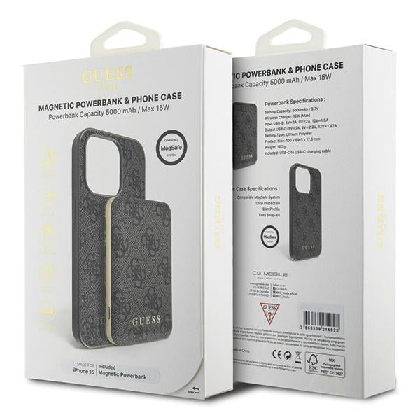 Guess 4G Metal Logo case set for iPhone 15 + 5000mAh MagSafe power bank - black