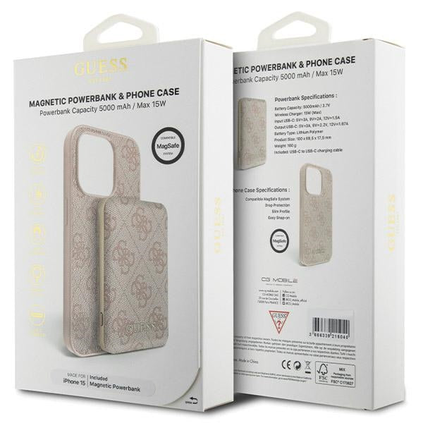 Guess 4G Metal Logo case set for iPhone 15 + 5000mAh MagSafe power bank - pink