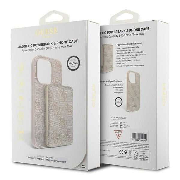 Guess 4G Metal Logo case set for iPhone 15 Pro Max + 5000mAh MagSafe power bank - pink
