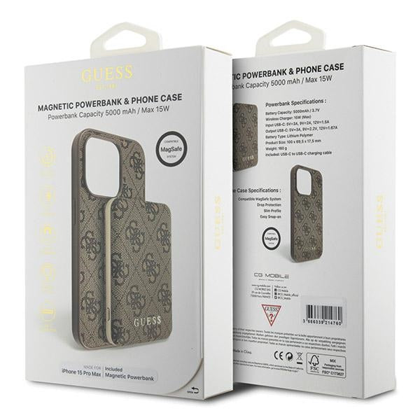 Guess 4G Metal Logo case set for iPhone 15 Pro Max + 5000mAh MagSafe power bank - brown