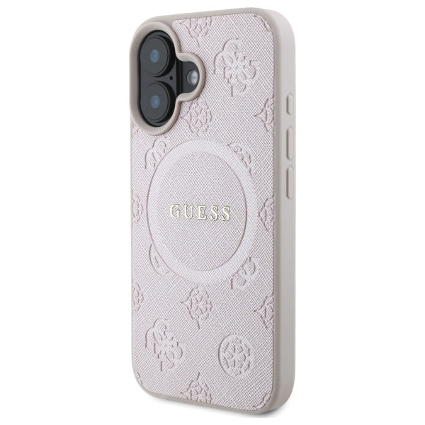 Guess Saffiano Peony Classic Logo MagSafe iPhone 16 Case - Pink