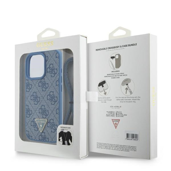 Guess Leather Metal Logo Strass Crossbody Case for iPhone 16 Pro Max - Blue