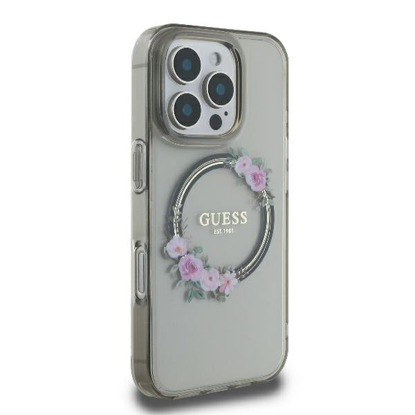 Guess IML Flowers Wreath MagSafe Case for iPhone 16 Pro - Black