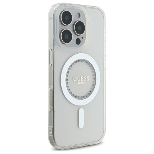 Guess IML Rhinestones MagSafe Case for iPhone 16 Pro - White