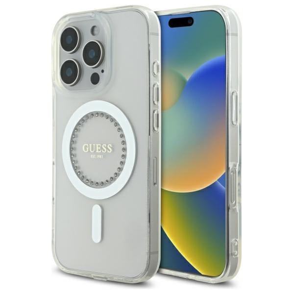 Guess IML Rhinestones MagSafe Case for iPhone 16 Pro Max - White