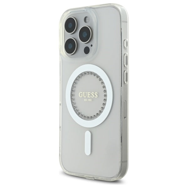 Guess IML Rhinestones MagSafe Case for iPhone 16 Pro Max - White