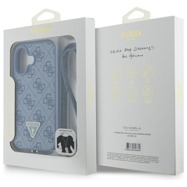 Guess Leather Metal Logo Strass Crossbody Case for iPhone 16 - Blue