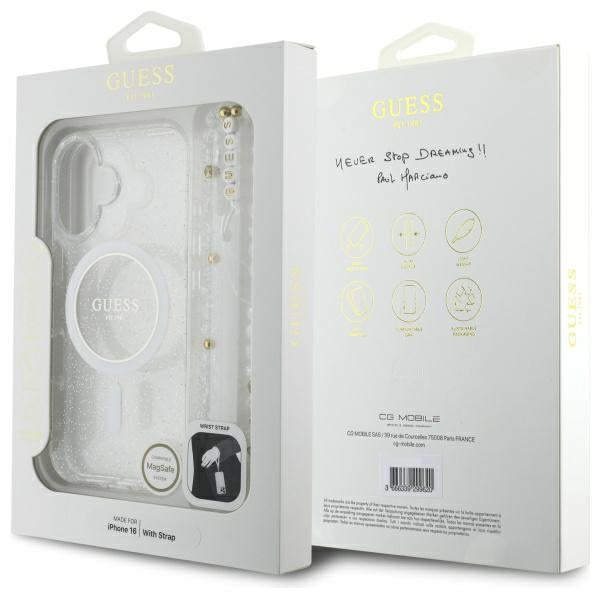 Guess IML Glitter With Pearl Strap MagSafe iPhone 16 Plus Case - Clear